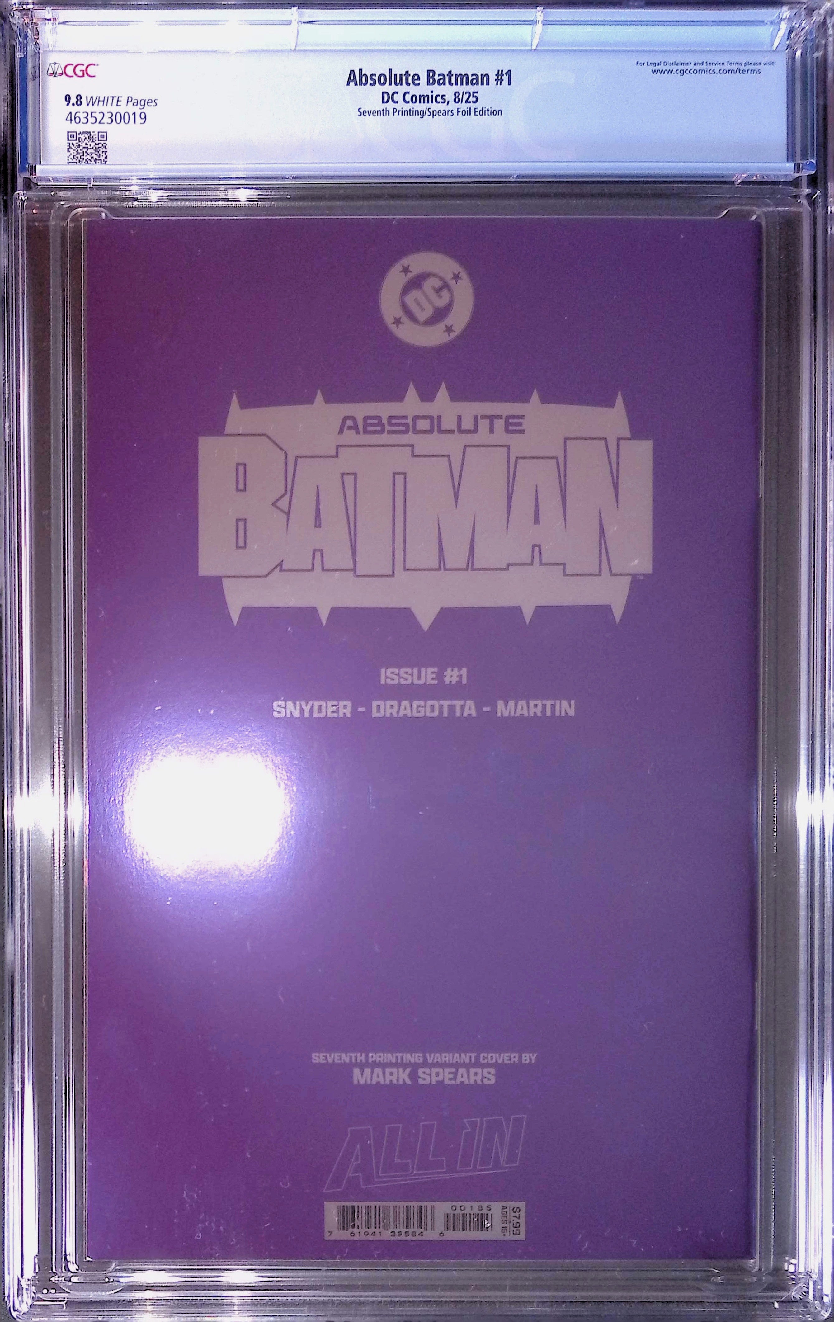 Absolute Batman #1 DC Comics 8/25 Seventh Printing/Spears Foil  CGC 9.8 4635230019