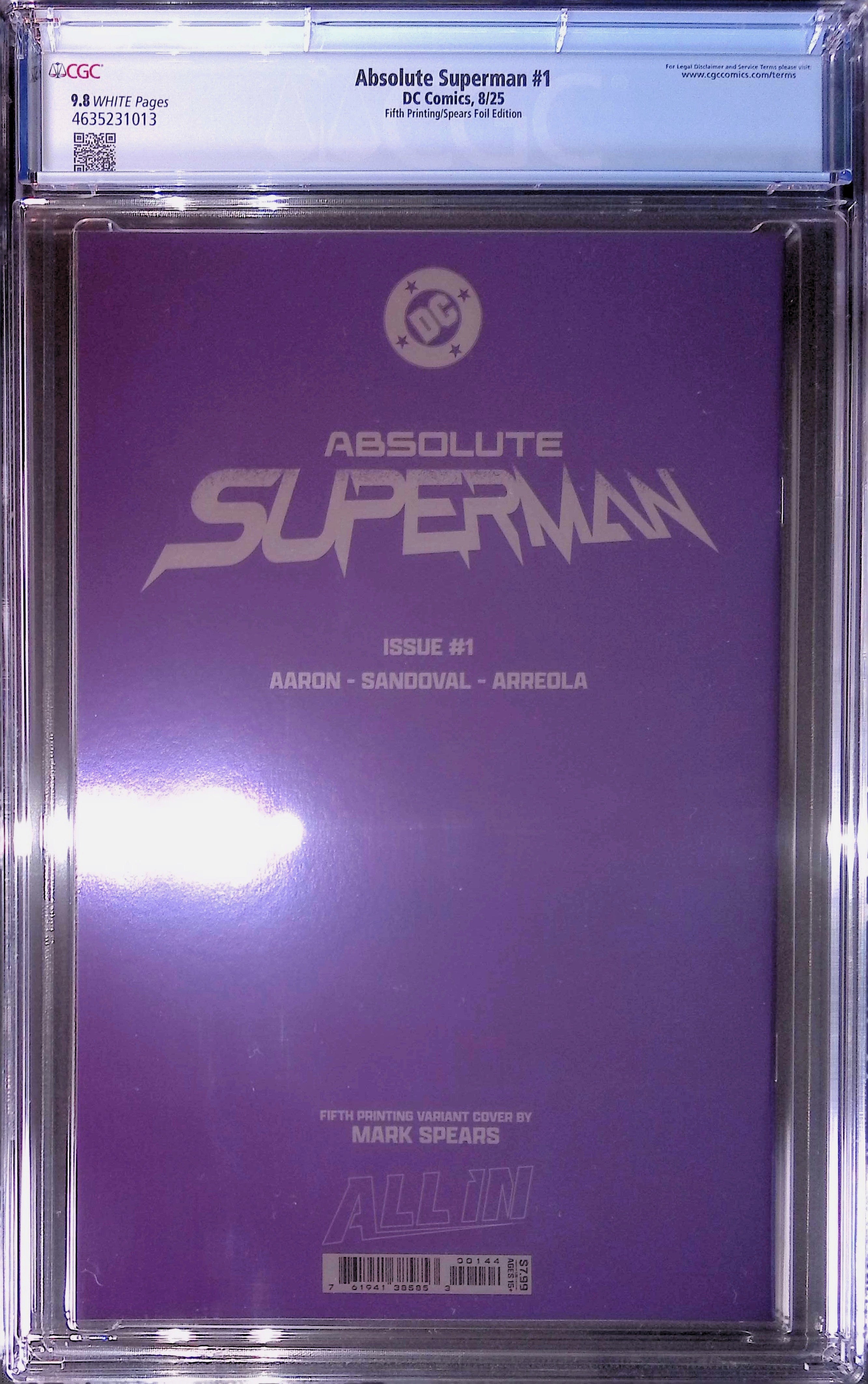 Absolute Trinity Mark Spears Connecting Foils 3 CGC 9.8 Graded Comics 4635230018, 4635231013, 4635231003.