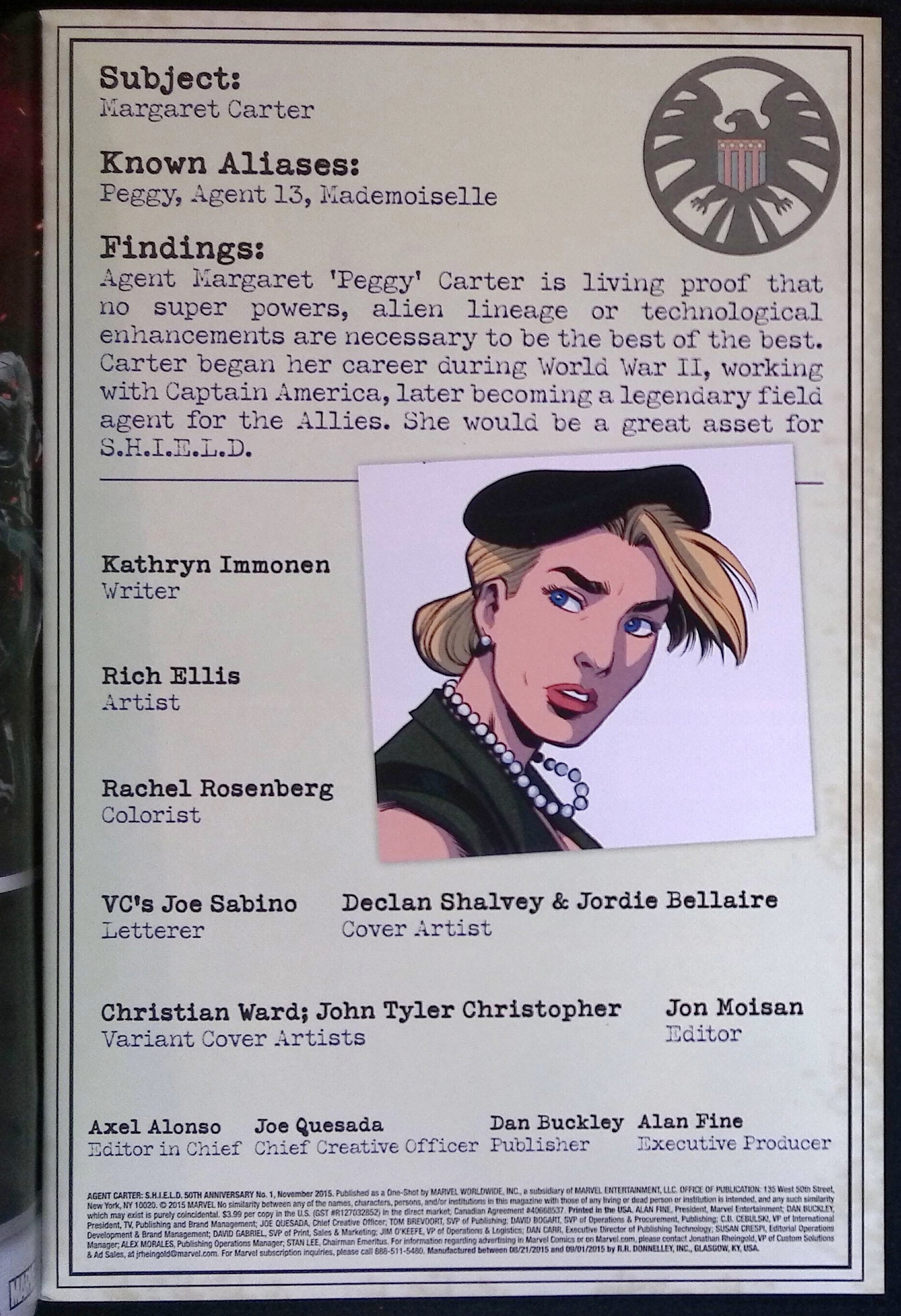 Agent Carter: S.H.I.E.L.D. 50th Anniversary # 1 2015 VF/NM