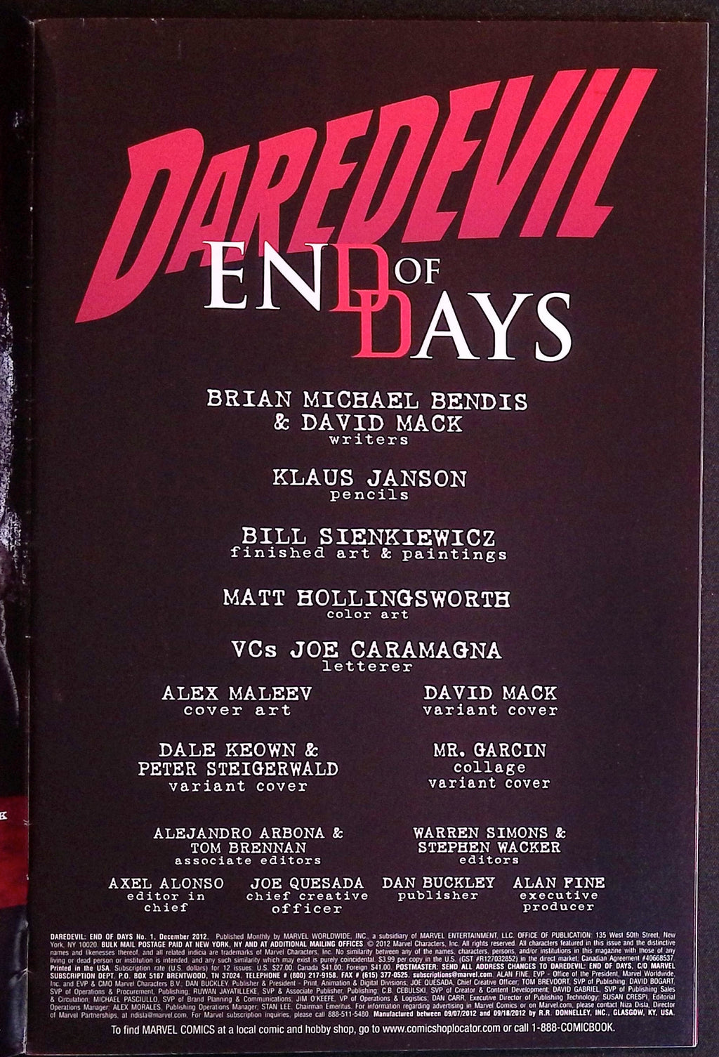 Daredevil: End of Days # 1 2012 VF/NM