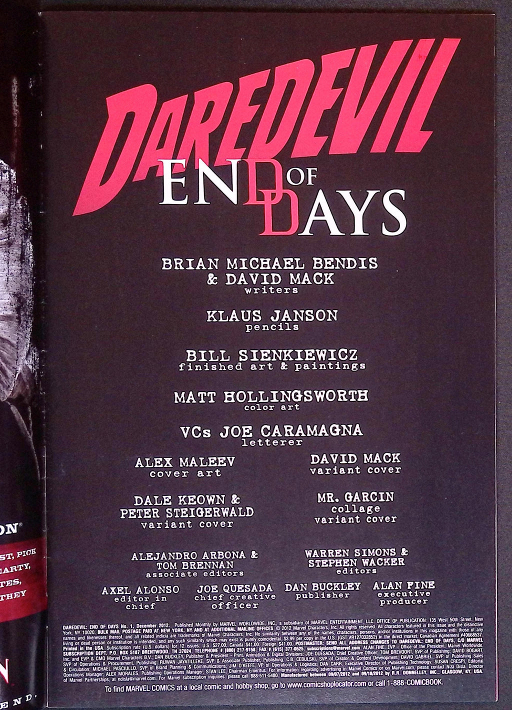 Daredevil: End of Days # 1 2012 VF/NM