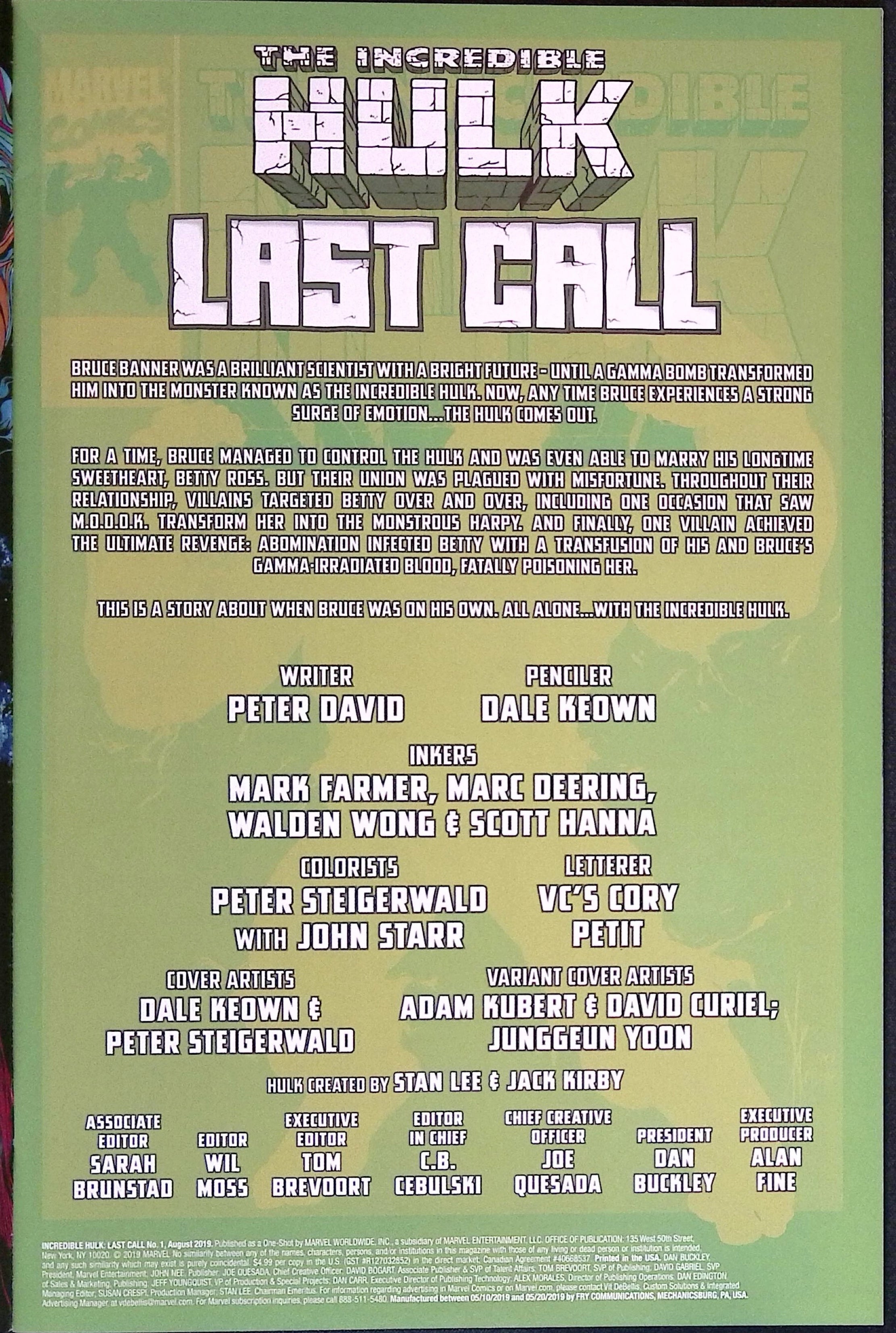 The Incredible Hulk: Last Call # 1 2019 NM-