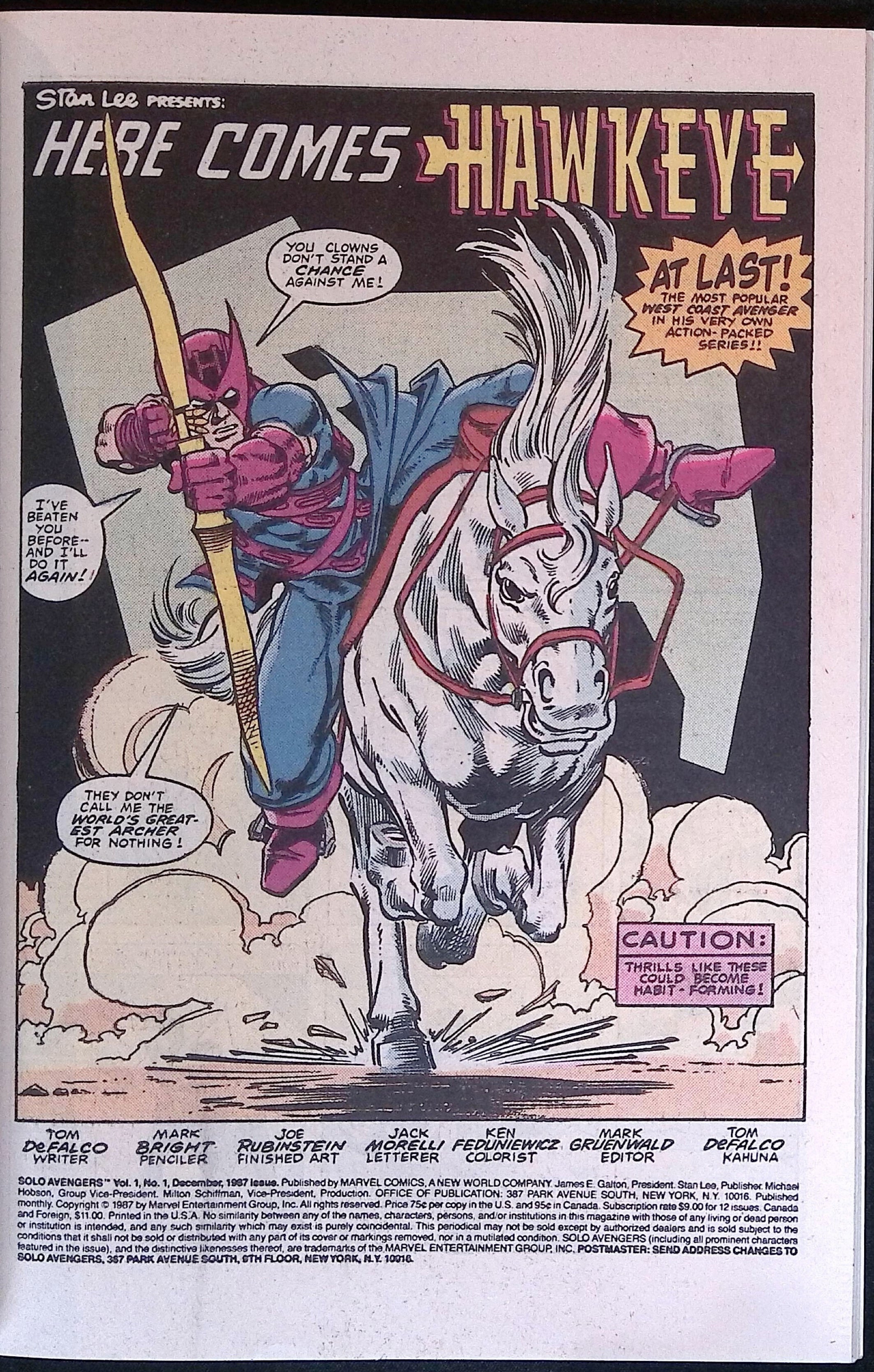Solo Avengers Starring Hawkeye and Mockingbird # 1 1987 VF/NM