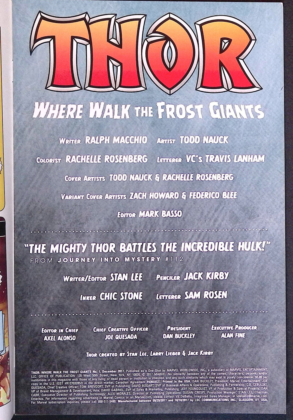 Thor: Where Walk the Frost Giants # 1 2017 NM-