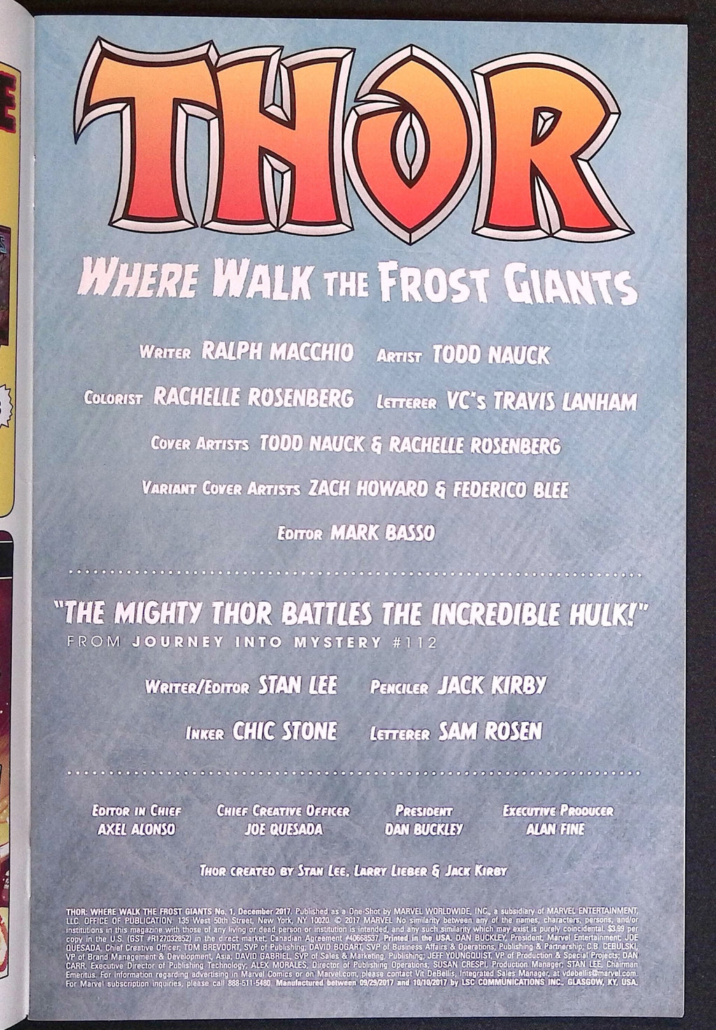 Thor: Where Walk the Frost Giants # 1 Howard Variant 2017 NM