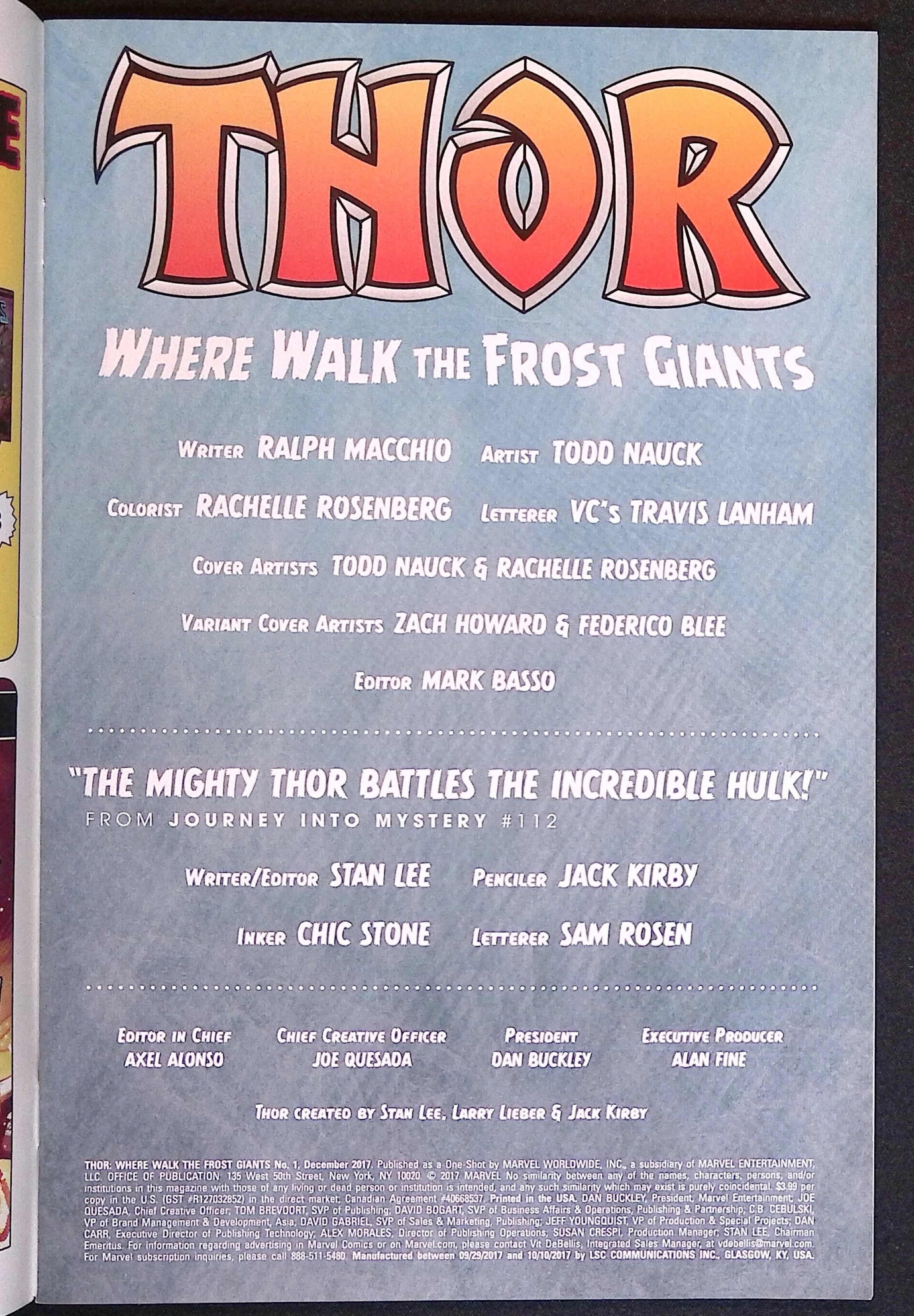 Thor: Where Walk the Frost Giants # 1 Howard Variant 2017 NM