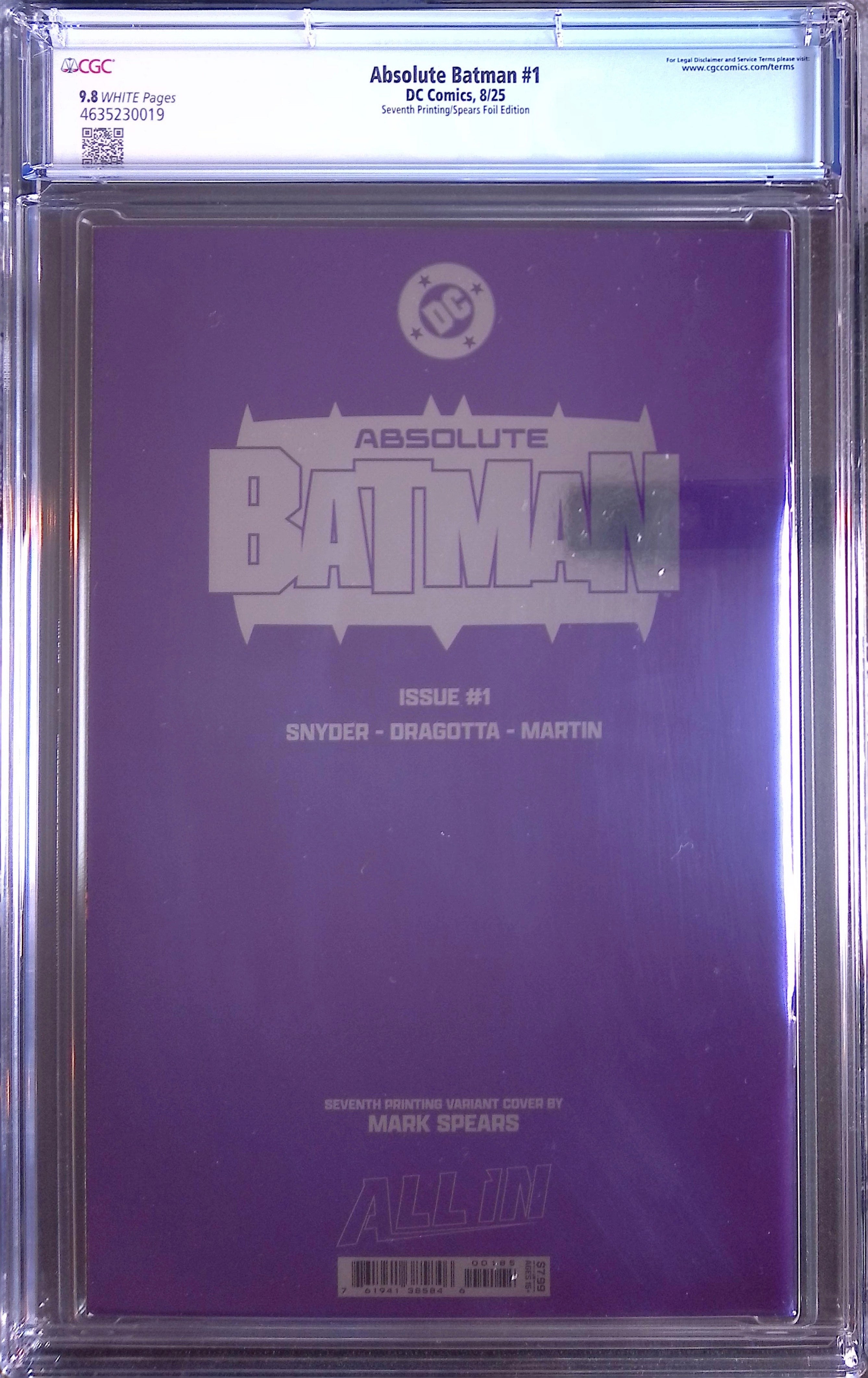 Absolute Batman # 1 DC Comics 8/25 Seventh Printing/Spears Foil CGC 9.8 4635230019