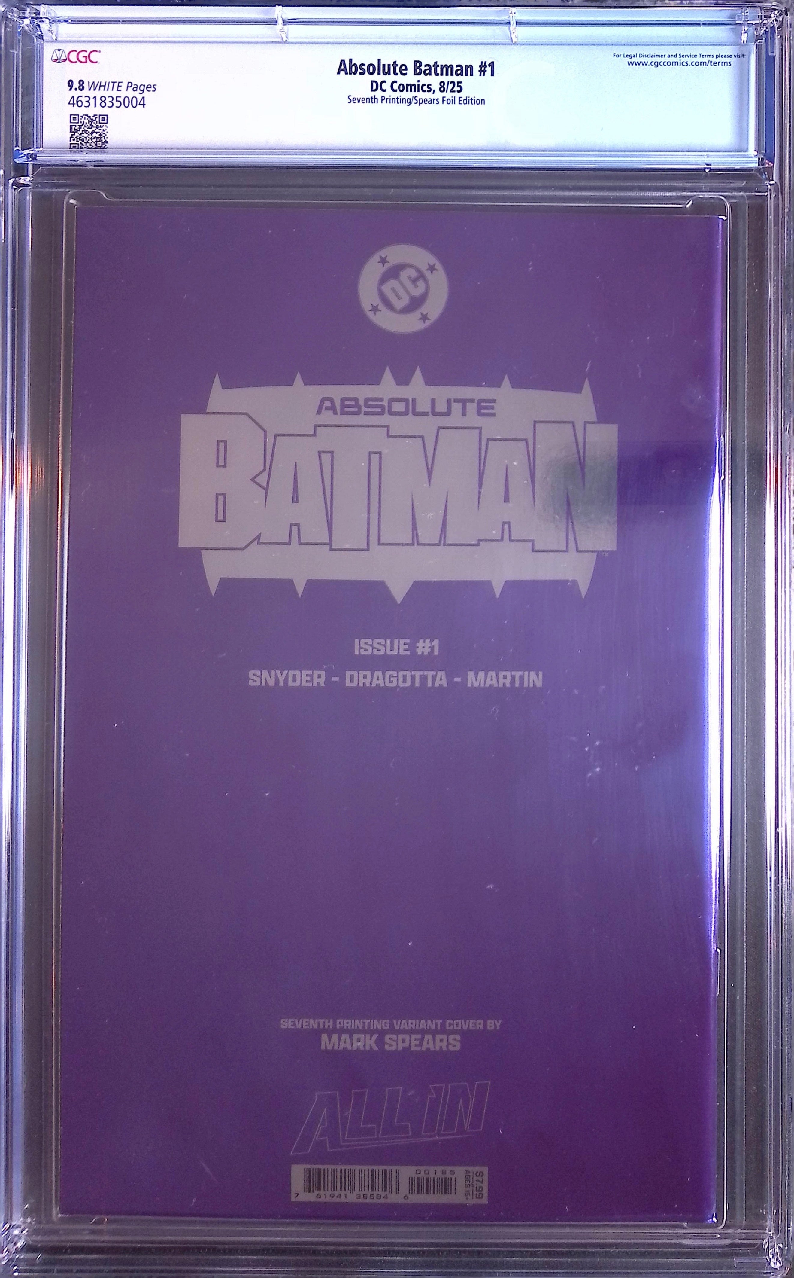 Absolute Batman # 1 DC Comics 8/25 Seventh Printing/Spears Foil  CGC 9.8 4631835004