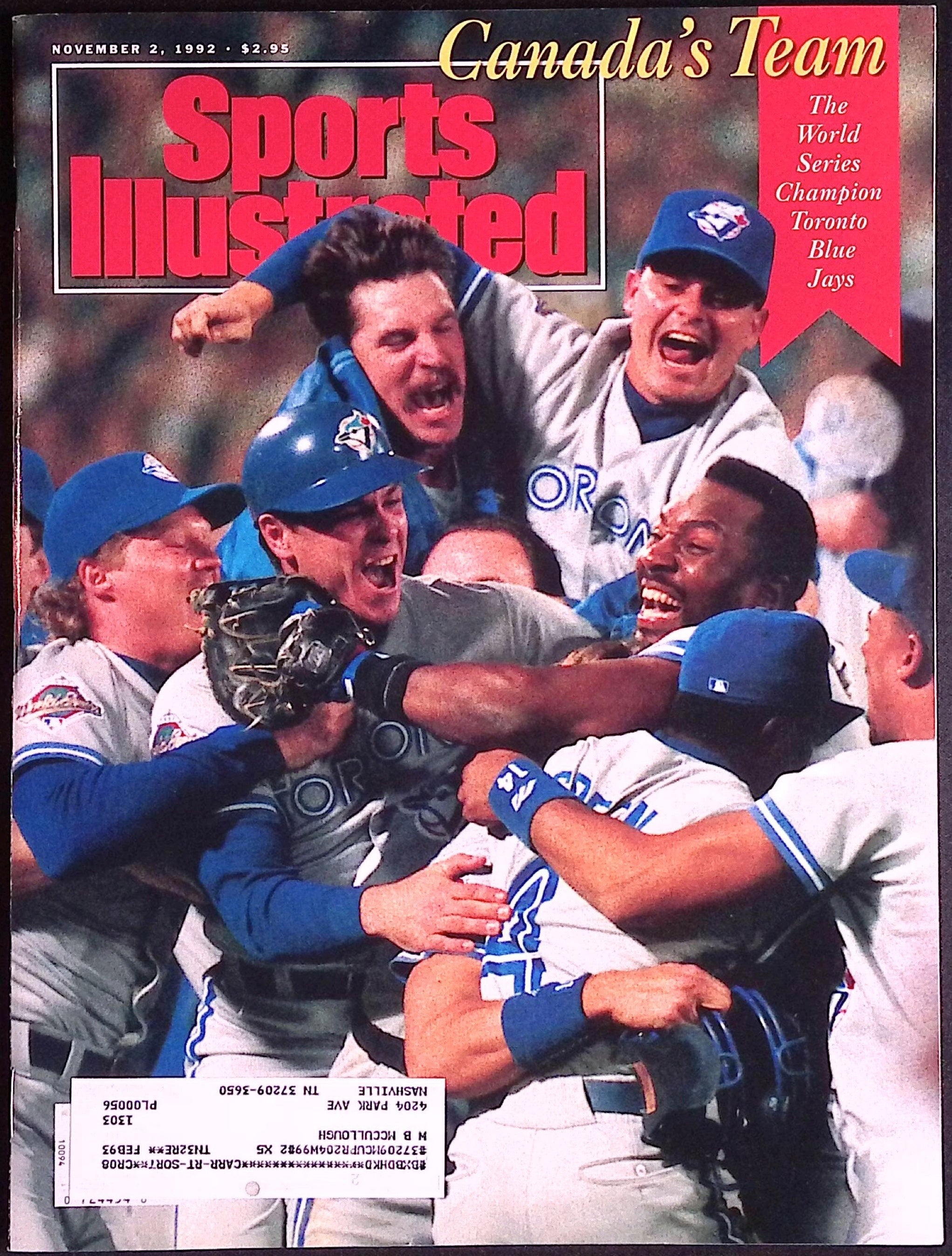 Sports Illustrated November 2, 1992 Toronto Blue Jays Winning 1st World Series VF/NM