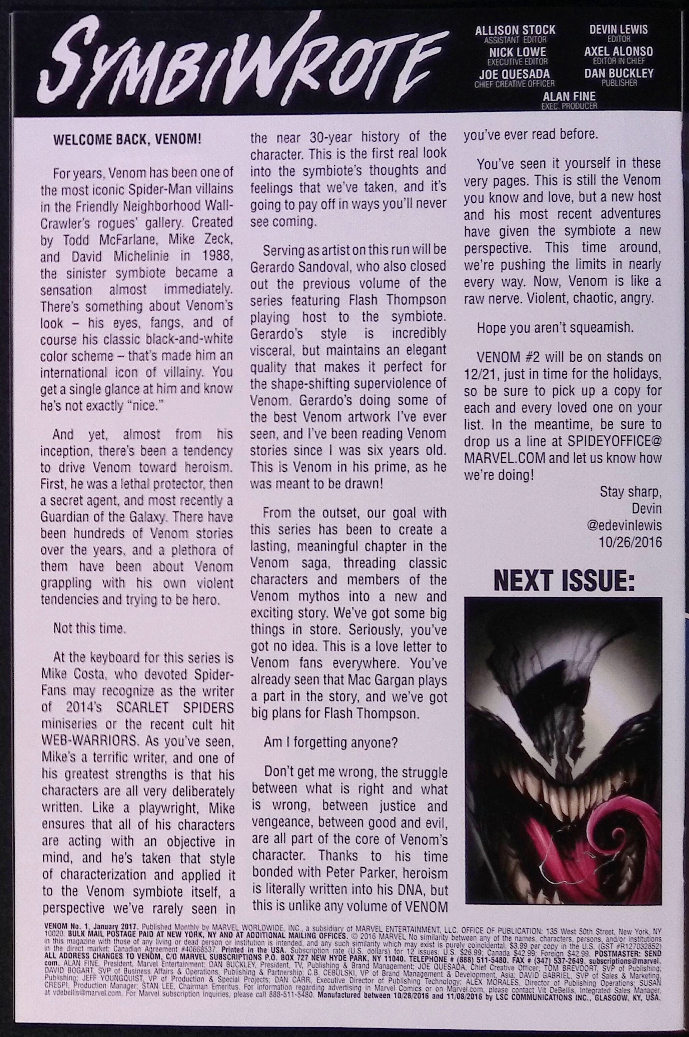 Venom # 1 Cover A First Printing 2017 NM-