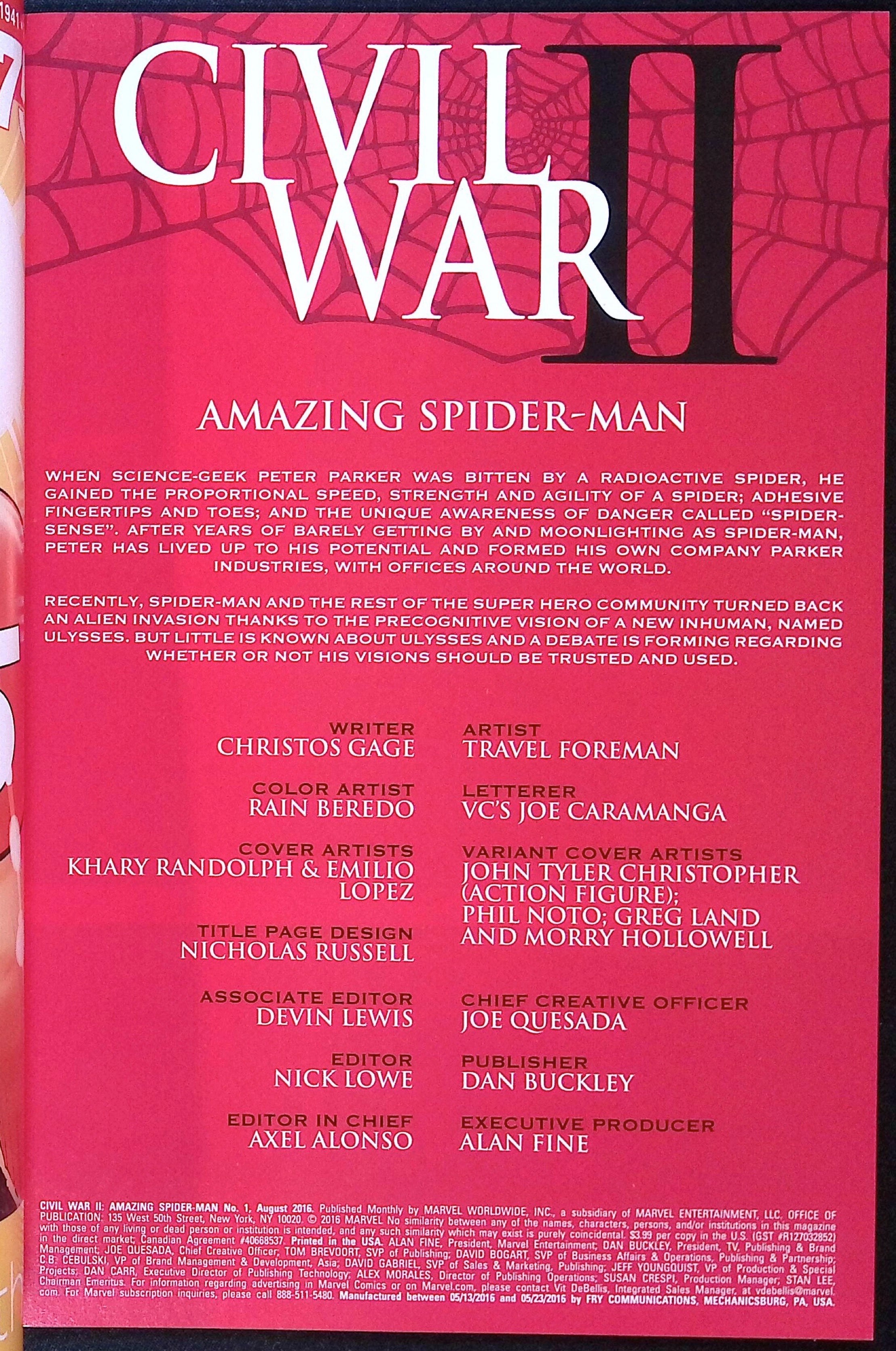 Civil War II: Amazing Spider-Man # 1 2016 NM-