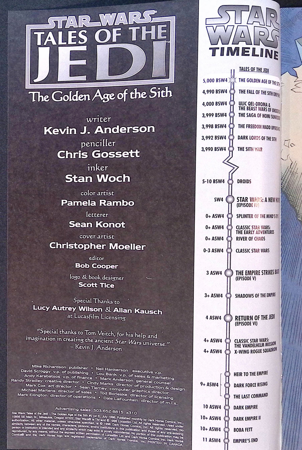 Star Wars: Tales of the Jedi The Golden Age of the Sith # 0 1996 VF+
