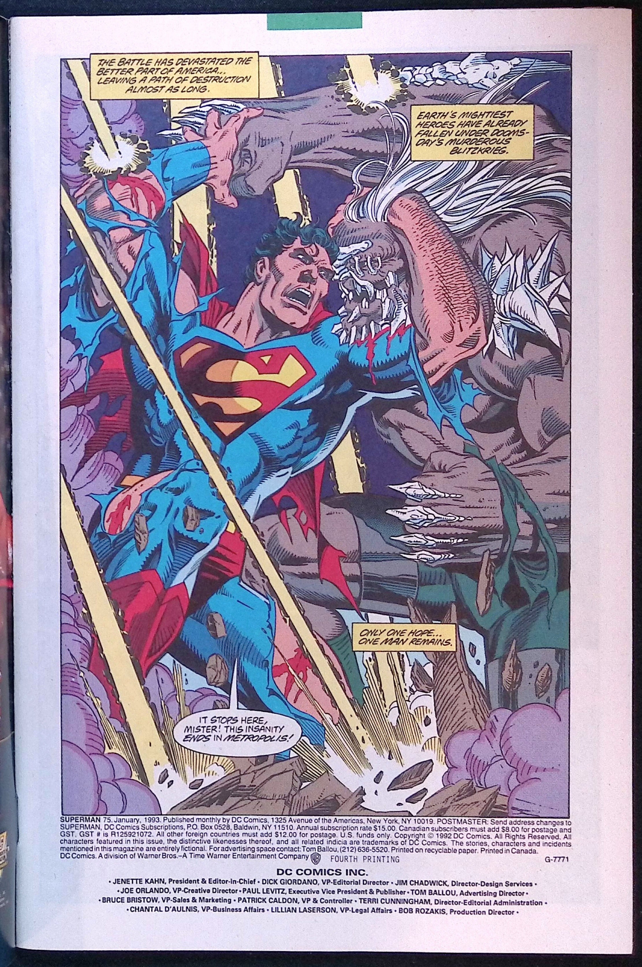 Superman # 75 Cover A Fourth Printing 1993 VF+